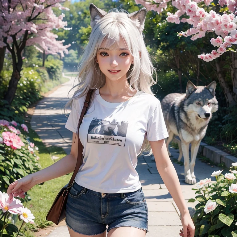 Walking in a flower tunnel, Tunel of colorful flowers windy weather, white wolf、 ((highest quality、masterpiece、8k、best image quality、ultra high resolution、Award-winning work)、(accurate anatomy:1.1)、(look at me and smile:1.1)、Shining fair skin with ultra high resolution、most detailed face、ultra high resolution detailed face、white short hair flowing 、Beautiful face drawn in every details,T shirt and shorts, modest breast , real wolf beside the girl