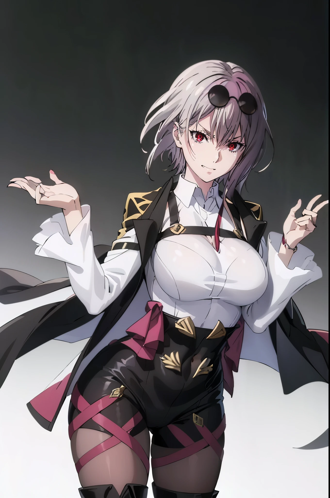 (short hair, silver hair:1.3), red eyes, pale skin, muscular female, anatomically correct, mature female, curvy, huge breasts, 1girl, solo, breasts, high_heels, bodysuit, covered_navel, full_body, skin_tight, standing, jewelry, anime coloring, anime screencap, hair ornament, (shaded face:1.2), hollow eyes, red eyes, looking at viewer, (heavy breathing:1.2), smirk, upper teeth, glaring eyes,