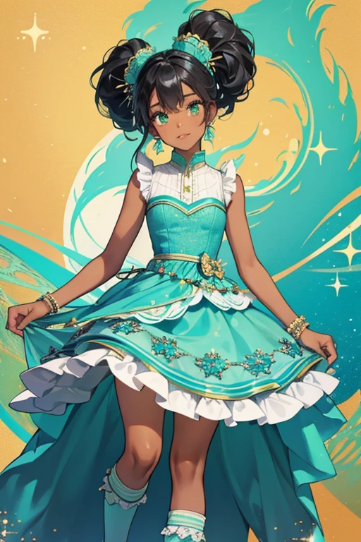 Libby is a very stylish black-haired African-American. she wore pretty aqua green patterned clothing containing a sleeveless dress and knee-high socks,  SPARKLE; GLITTER