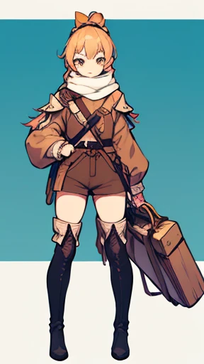 Victorian style, British background, full body picture, figure, Standing image,Full body picture,figure设定图,Three views of charactermorpg,Apricot hair,High Ponytail,Holding a bow and arrow,Archer,1 girl,Imperial sister body type,Carrying a bow and arrow bag on the back,Western Fantasy Adventure,西幻Archer,Brown shorts,feather,Thigh-high boots that go above the knee,Arm Guard,travelling poet,Owl on shoulder,Tassel-decorated ethnic scarf,Bow pulling pose。