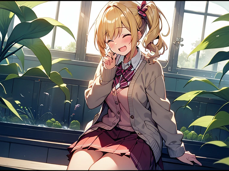 Top quality, 1 beautiful woman, , Blonde, (side ponytail), Medium Hair, Wavy Hair, standard weight, laugh with an open mouth, closed eyes, blush, sitting, Cardigan, frill skirt, (Darkness and Screen Light):1.3, (in aquarium building), beautiful scene, cowboy shot