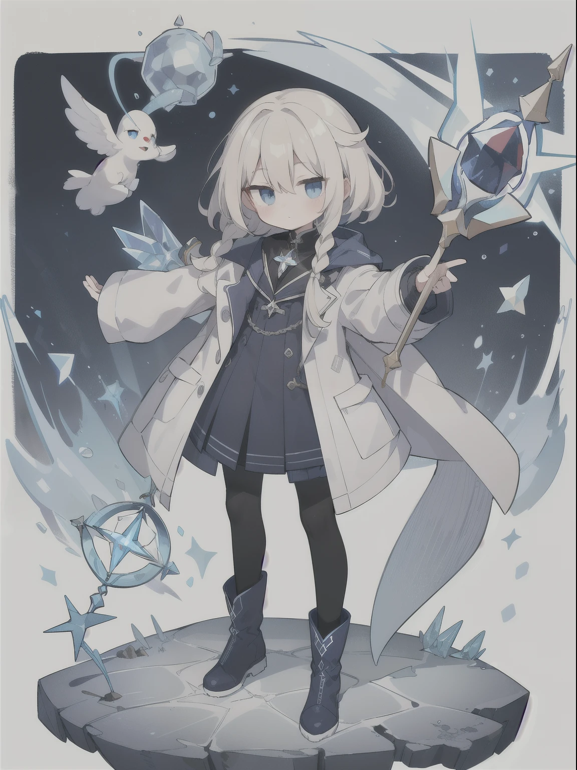 Unknown gender,Age unknown,Platinum blonde curly short hair,Partial long hair braids,Ice Blue Eyes,White coat-like jacket,The clothes inside are navy blue,Boots underfoot,Flying in the sky,Alchemist,He is casting spells while holding a large staff with a red jewel on it.,Final Boss