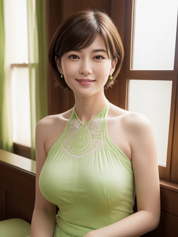 ((masterpiece))、((highest quality))、picture、Reality、high resolution、Ultra-detailed、Delicate facial features、Realistic background and accessories、Big and soft 、40-year-old married woman、short hair、Sexy smile、living room、Light coming through the window、Lime green halter neck camisole、