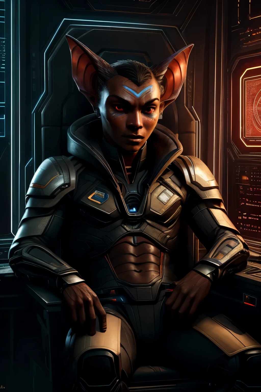 avatar, portrait, detailed face, cinematic, (humanoid alien anthropomorph bat), ((male)), wearing black high tech armor, red colored eyes with no iris, sitting in a commander chair, high tech spaceship command bridge background, dark evil environment, (art by Incase)