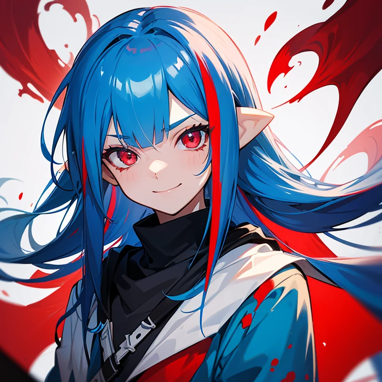 Alone,Inkling,Boy,Upper body close-up,Blue Hair,Red eyes,Splattering ink background,streaked hair, dark blue hair, hair over shoulder, long hair, red eyes, anime, anime style, glowing light, UHD,Smile at Nihil,Don't blush、The background is fluorescent ink