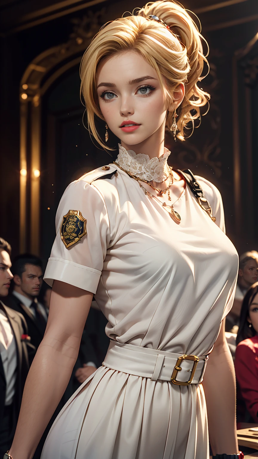 比類のないmasterpiece, Ultra-realistic 8K CG, Perfect artwork, ((The perfect woman)), Mature Woman, Narrow waist, Fascinating, clean, Beautiful Face, {Very delicate and beautiful girl} , 8k wallpaper, {{{masterpiece}} }, One girl, Blonde, blue eyes, ponytail, Sheer, see-through police uniform, jewelry, lips, lipstick, Long Hair, Watch the audience, compensate, lips, red lips, Simple Background, alone, Upper Body, (Shiny skin),