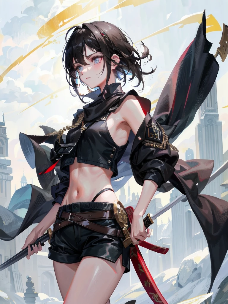 whole body, long sword, Black military uniform, Ladies' military vests, absurdres, RAW photo, extremely delicate and beautiful, masterpiece, Best Quality, ultra high resolution, 32k, hyperrealistic, ultra-detailed, tearful mole, earring, short medium hair, wavy hair, urban backdrop, shorts, midriff, 