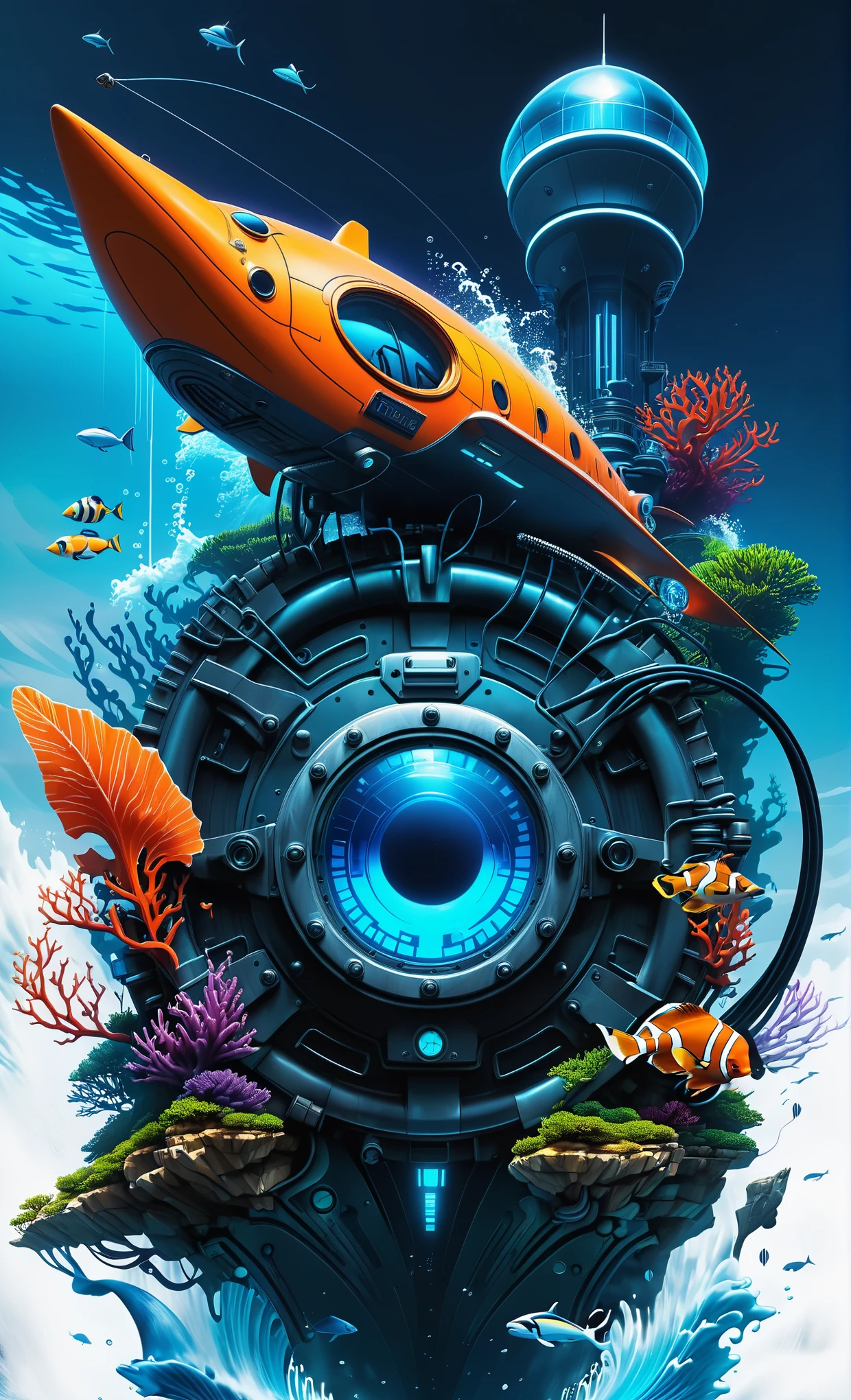 Nazare Subnautica vol.2 - New Nazare, by Luis Duarte, Nanopunk, blue shading, Nazare style, Element Water, Mythpunk, Graphic Interface, Space Art, Sci-Fic Art, Dark Influence, NijiExpress 3D v3, Kinetic Art, Datanoshing, Oilpainting, Ink v3, Splash style, Abstract Art, Abstract Tech, Cyber Tech Elements, Futuristic, Epic style, Illustrated v3, Deco Influence, AirBrush style, drawing