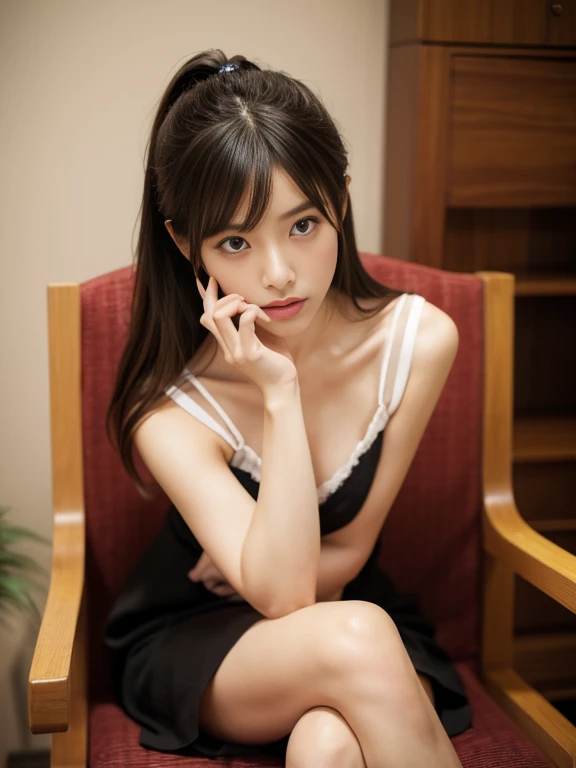 sitting in a chair with hand on chin,Japanese female models, by Eizan It's a gift, Yoshitomo Nara, Advertising images, Chiho, by Torii Kiyomoto, kimi takemura, yasumoto oka, Young and cute gravure idol, Realistic young gravure idol, Magazine Scanning