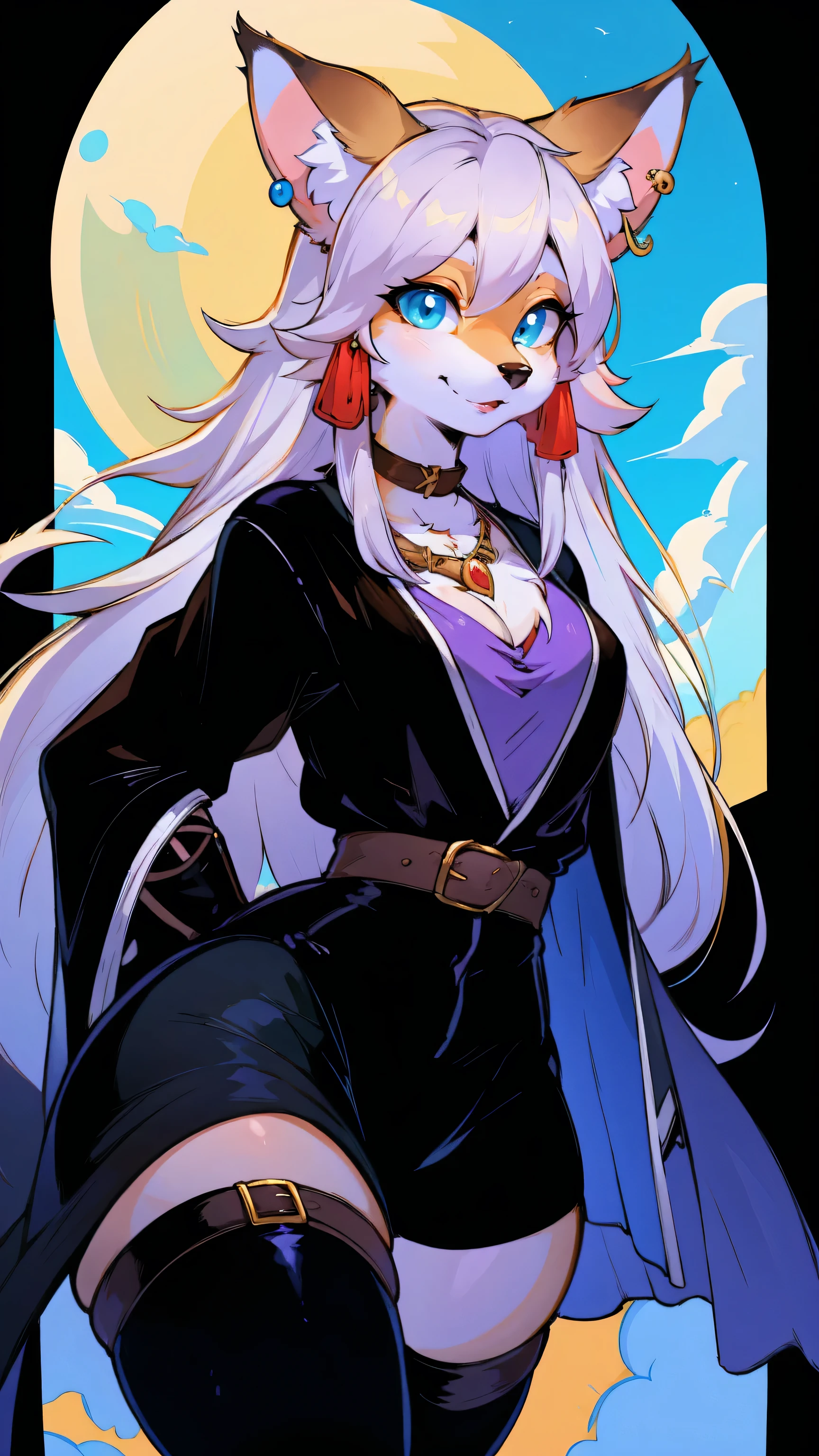 small animal_ears,mature_female,cute,furry_girl,wolf_girl,Elegant figure,193cm tall,Model's body_type,detailed_eyes,silver_hair,cute_ears,wolf_ears,black robe,leggings,fluffy_furs,earrings,upper body,stocking with garterbelt,neck garter,(perfect detailed eyes:1.5),jewelry, blank eyes,brooch,smiling,(front:1.5),(furry:1.5),long lashes,flowy chiffon,well-proportioned figure,(thick thighs:1.1),perfectly high-detail facial features,(perfect detailed eyes:1.5),silky long hair,masterpiece, best quality, Ultra-high quality, Ridiculous details,(best quality,4k,8k,highres,masterpiece:1.2),ultra-detailed