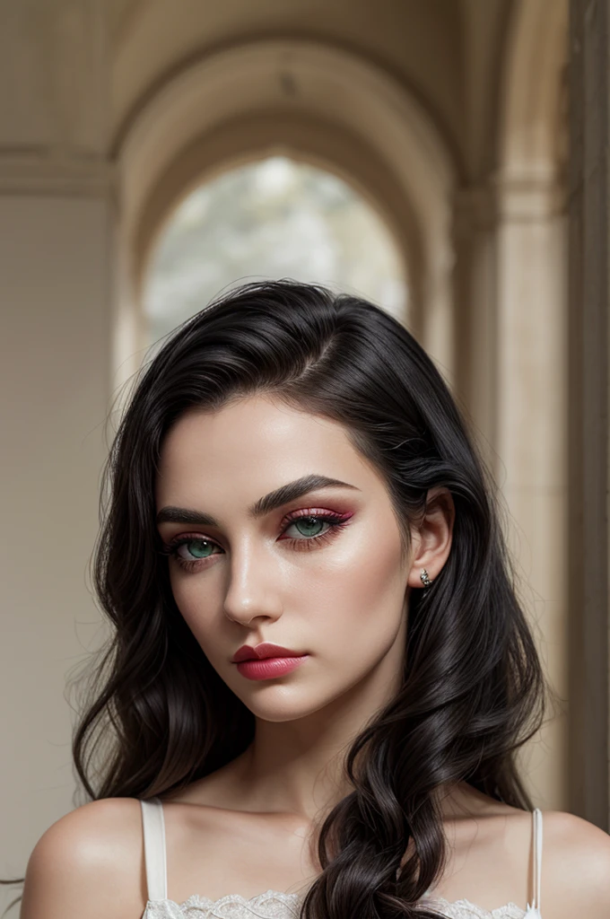 (masterpiece, high quality, best quality:1.3), extremely detailed, realistic, (hyperrealistic:1.2), fine texture, Extremely high-resolution details, (beautiful:1.2), (white skin), young 25 years old, green eyes, (monolid eyes, arched eyebrows, eyelash, eye contour, eyeshadow:1.2), (thin lips, pink lipstick), (makeup), 157cm tall, (wavy hair), (long hair, black hair:1.4), (everything Detailed), upper body, (perfect face, perfect eyes, perfect lips, perfect hair), (Closed mouth:1.5), (detailed lips, detailed eyes, detailed hair, detailed face), natural lighting,