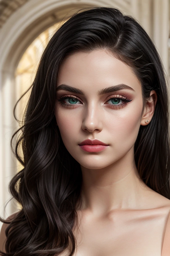 (masterpiece, high quality, best quality:1.3), extremely detailed, realistic, (hyperrealistic:1.2), fine texture, Extremely high-resolution details, (beautiful:1.2), (white skin), young 25 years old, green eyes, (monolid eyes, arched eyebrows, eyelash, eye contour, eyeshadow:1.2), (thin lips, pink lipstick), (makeup), 157cm tall, (wavy hair), (long hair, black hair:1.4), (everything Detailed), upper body, (perfect face, perfect eyes, perfect lips, perfect hair), (Closed mouth:1.5), (detailed lips, detailed eyes, detailed hair, detailed face), natural lighting,