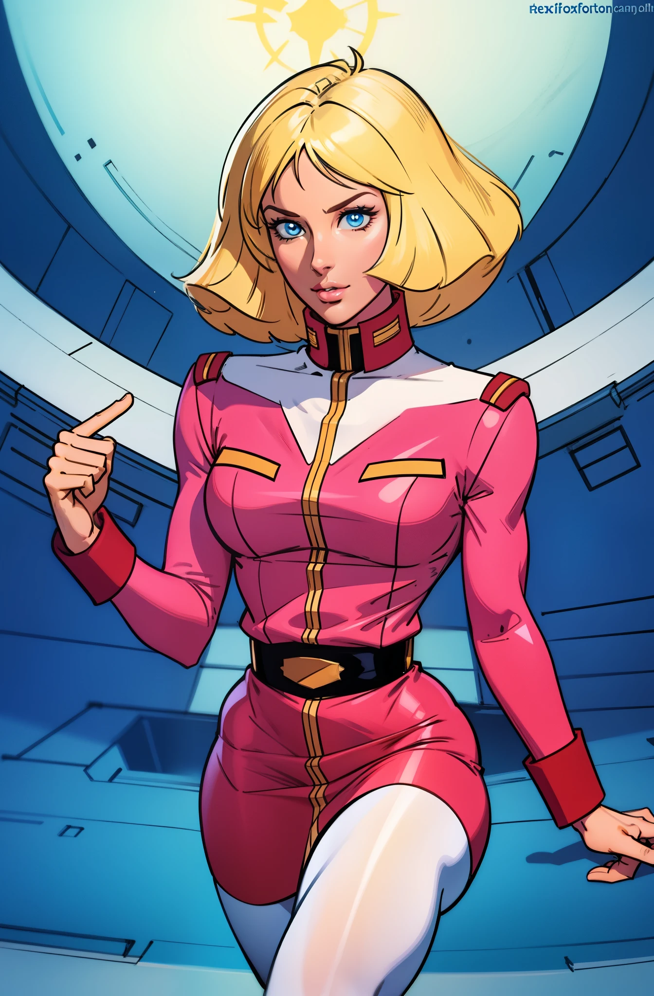 ((masterpiece)), ((cinematic lighting)), realistic photo、Real Images、Top image quality、1girl in, sayla mass, Elegant, masterpiece, Convoluted, slim arms, wide hips, thick thighs, thigh gaps, Best Quality, absurderes, high face detail, Perfect eyes, mature, Cowboy Shot, , Vibrant colors, faded pink uniform, faded pink Skirt, white tights