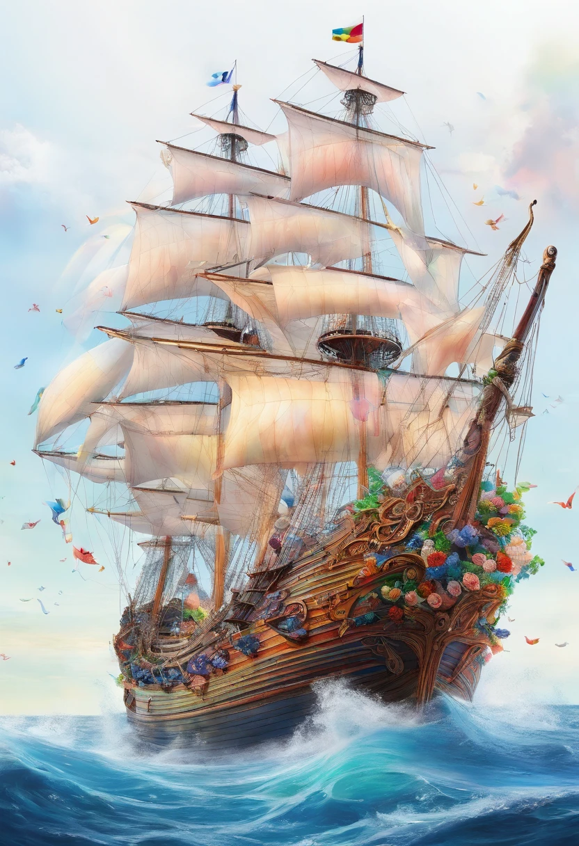A rainbow-colored sailing ship,A sailing ship decorated with beautiful flowers,Journey,An atmosphere full of dreams and hope,Spectacular viewasterpiece.