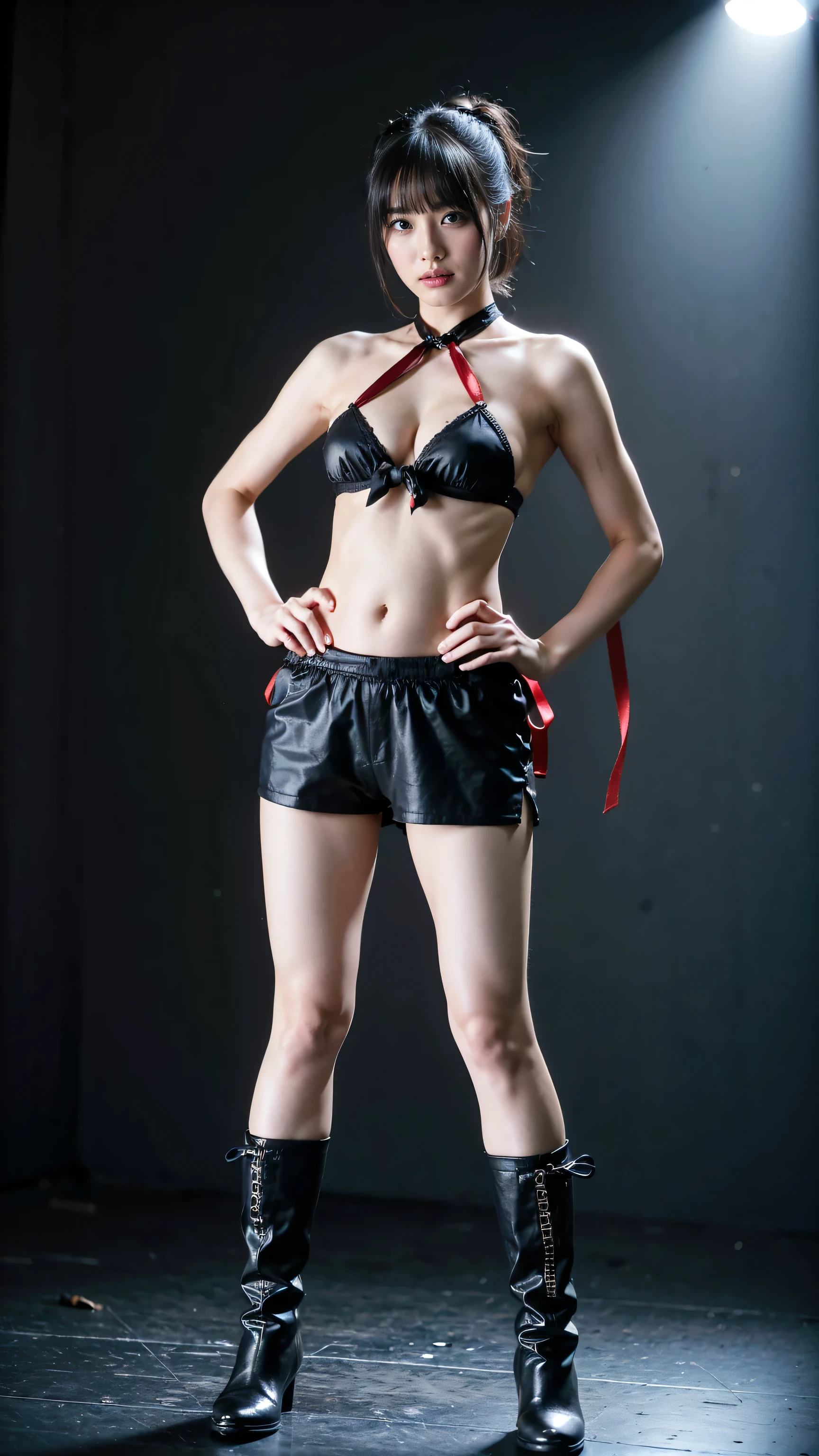 (8k、RAW Photos、highest quality、masterpiece:1.2)、(Realistic、Realistic)、1 girl、((Belly button、smile、Ribbon on chest、Red and black ee-through、boots、Big Chest Hair、View from the front、stage、Spotlight、Standing with hands on hips))、Lots of eyelashes、Glowing eyelids、skeletally correct