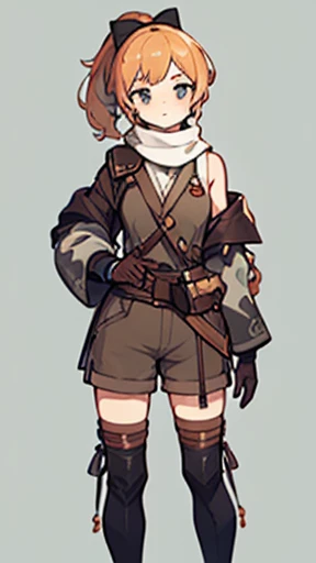 Victorian style, British background, full body picture, figure, Standing image,Full body picture,figure设定图,Three views of charactermorpg,Apricot hair,High Ponytail,Holding a bow and arrow,Archer,1 girl,Imperial sister body type,Wearing several fanny packs around the waist,Shooter,Western Fantasy Adventure,西幻Archer,Brown shorts,feather,Thigh-high boots that go above the knee,Arm Guard,Glove finger guard,travelling poet,Tassel-decorated ethnic scarf,Bow pulling pose。
