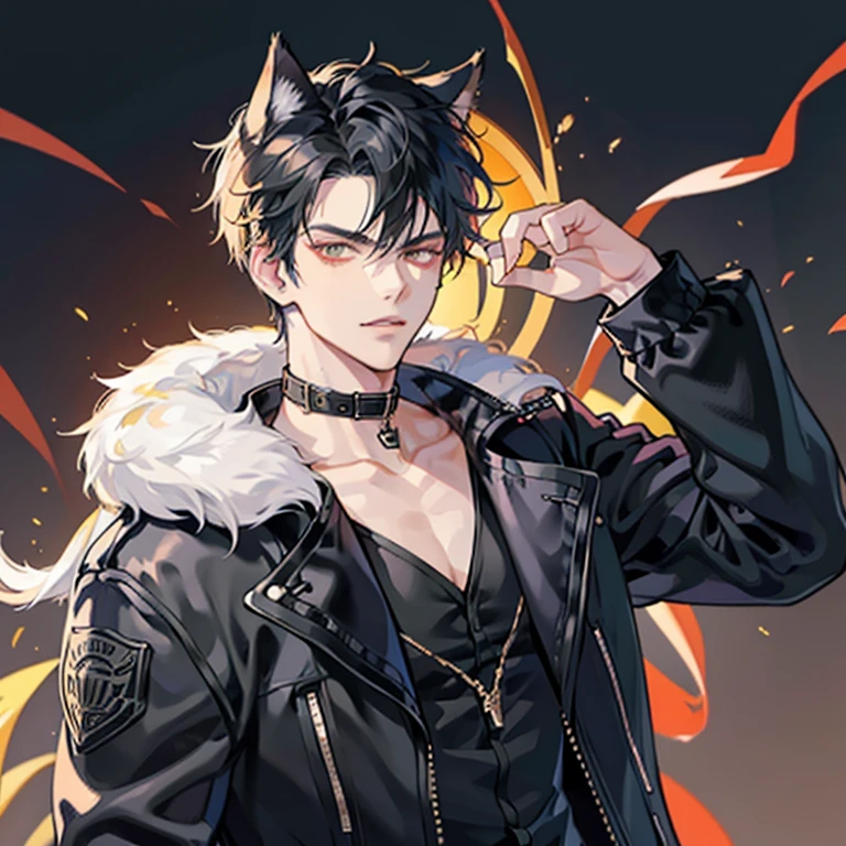 A demi-dog looking up at the camera. He has black hair. His outfit is a leather jacket with chained accessories and silver piercings. His black ears are perked up and his tail is noticeable in the background. He looks up at the camera with a angry glare and his eyes are orange. He wears a black collar with a silver tag on it. He's very dominant and has a menacing presence. He's very large and toned. In an anime boy style. 