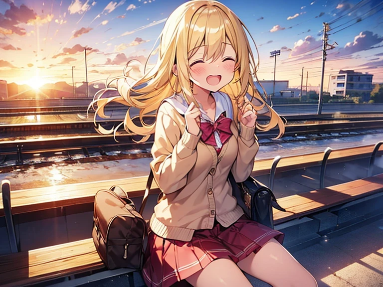 Top quality, 1 beautiful woman, , Blonde, (pig tail), Medium Hair, Wavy Hair, Hair blowing in the wind, standard weight, laugh with an open mouth, closed eyes, blush, sitting, Cardigan, frill skirt, sunset, (station platform), beautiful scene, cowboy shot