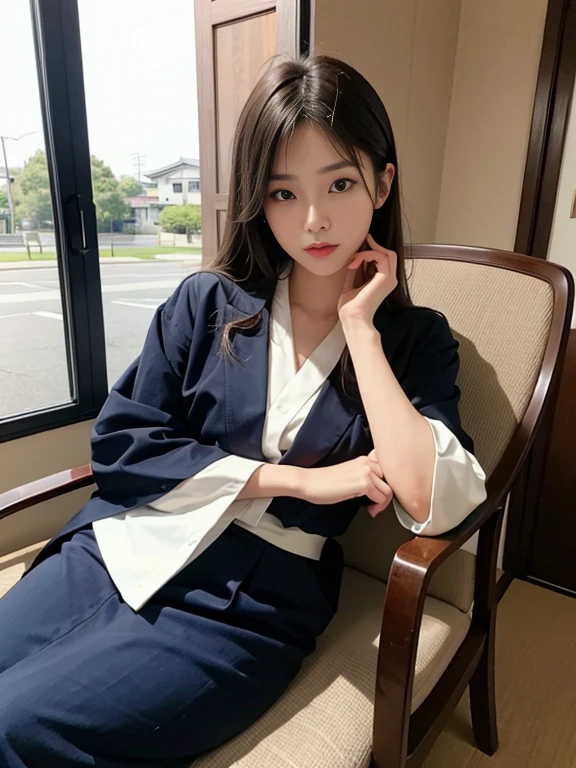 sitting in a chair with hand on chin,Japanese female models, by Eizan It's a gift, Yoshitomo Nara, Advertising images, Chiho, by Torii Kiyomoto, kimi takemura, yasumoto oka, Young and cute gravure idol, Realistic young gravure idol, Magazine Scanning