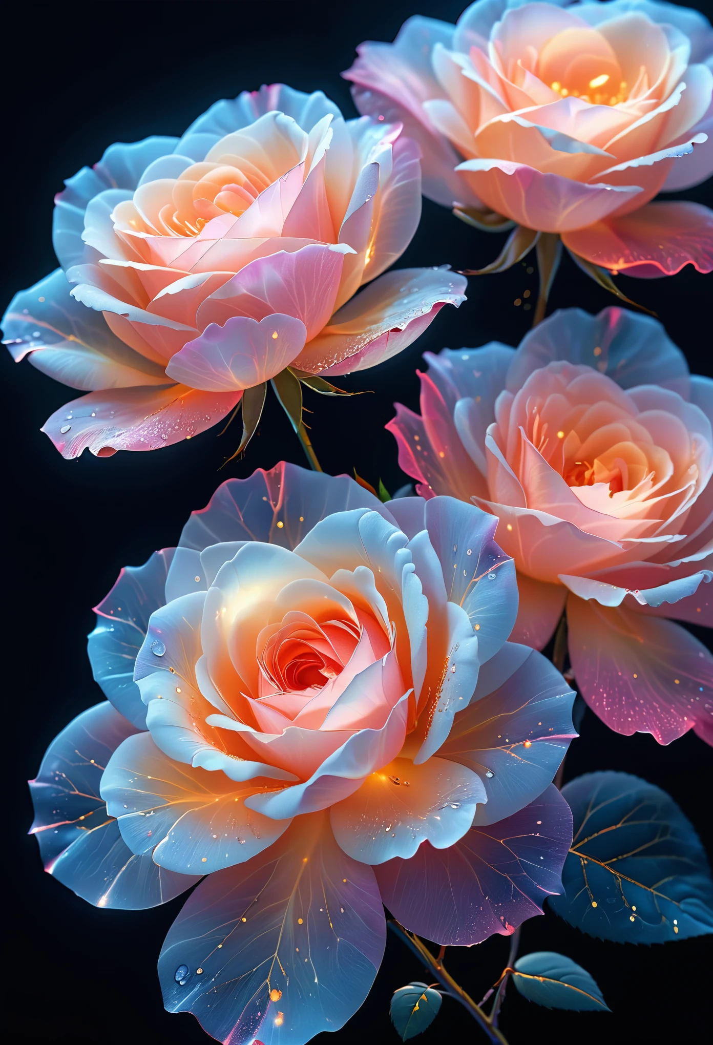 high quality,masterpiece,32k,cover art,soft light,(((a rose,))),delicate and charming,translucent petals,gradient,black_background,flowing light,Flowers glow,extreme detailed,colorful particles,Flowing light,contour light,Hyperrealistic art,Bright and colorful,Glow particle,