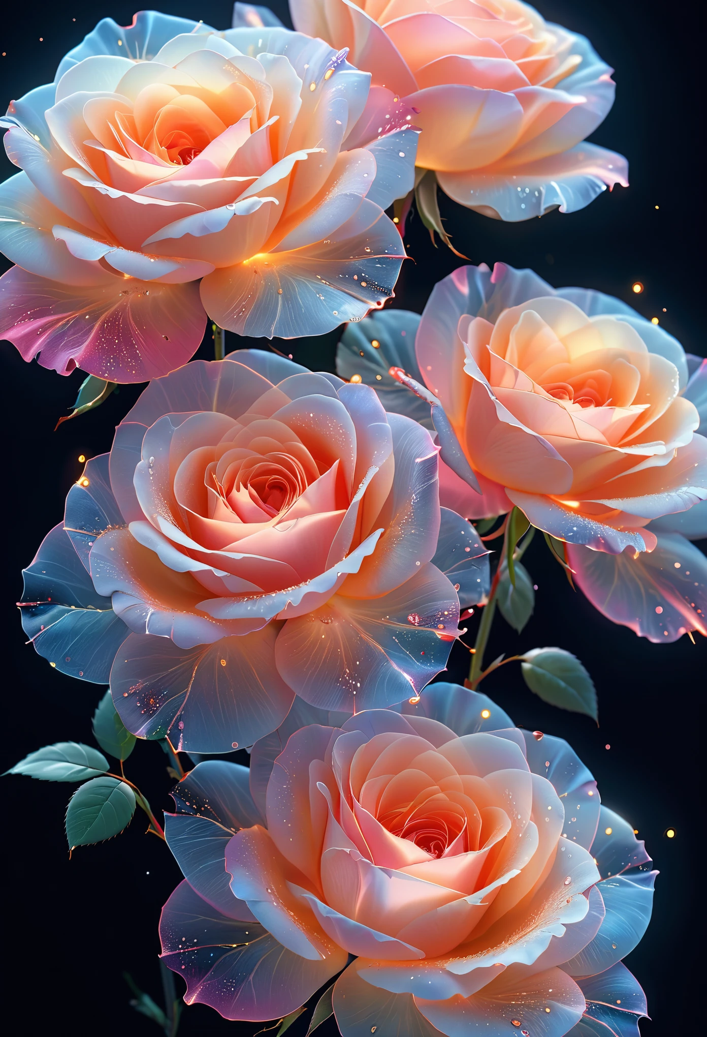 high quality,masterpiece,32k,cover art,soft light,(((a rose,))),delicate and charming,translucent petals,gradient,black_background,flowing light,Flowers glow,extreme detailed,colorful particles,Flowing light,contour light,Hyperrealistic art,Bright and colorful,Glow particle,