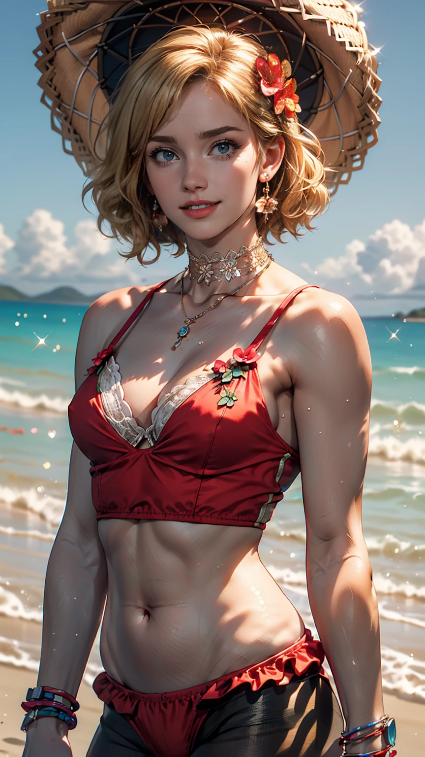 (8K, RAW Photos, highest quality, masterpiece:1.2), (Realistic, photo-Realistic:1.37)、Earrings, eyelash, pantyhose、セクシーな刺激的なsmile、 (Shiny skin:1.05)、Fashion model body type、Having her hair done、My chest is popping out、Wear accessories on your wrist、Wearing accessories on the ankle、Background blur((depth of field)、smile、White woman、Platinum Blonde、blue eyes、Curly Hair((curly hair))、Lace-embellished plunging swimsuit((plunging swimwear))Wear、Wear mules、smile、Hair Flower((hair flower))、Wear a lace choker、Resort Hotel Beach、Parasol