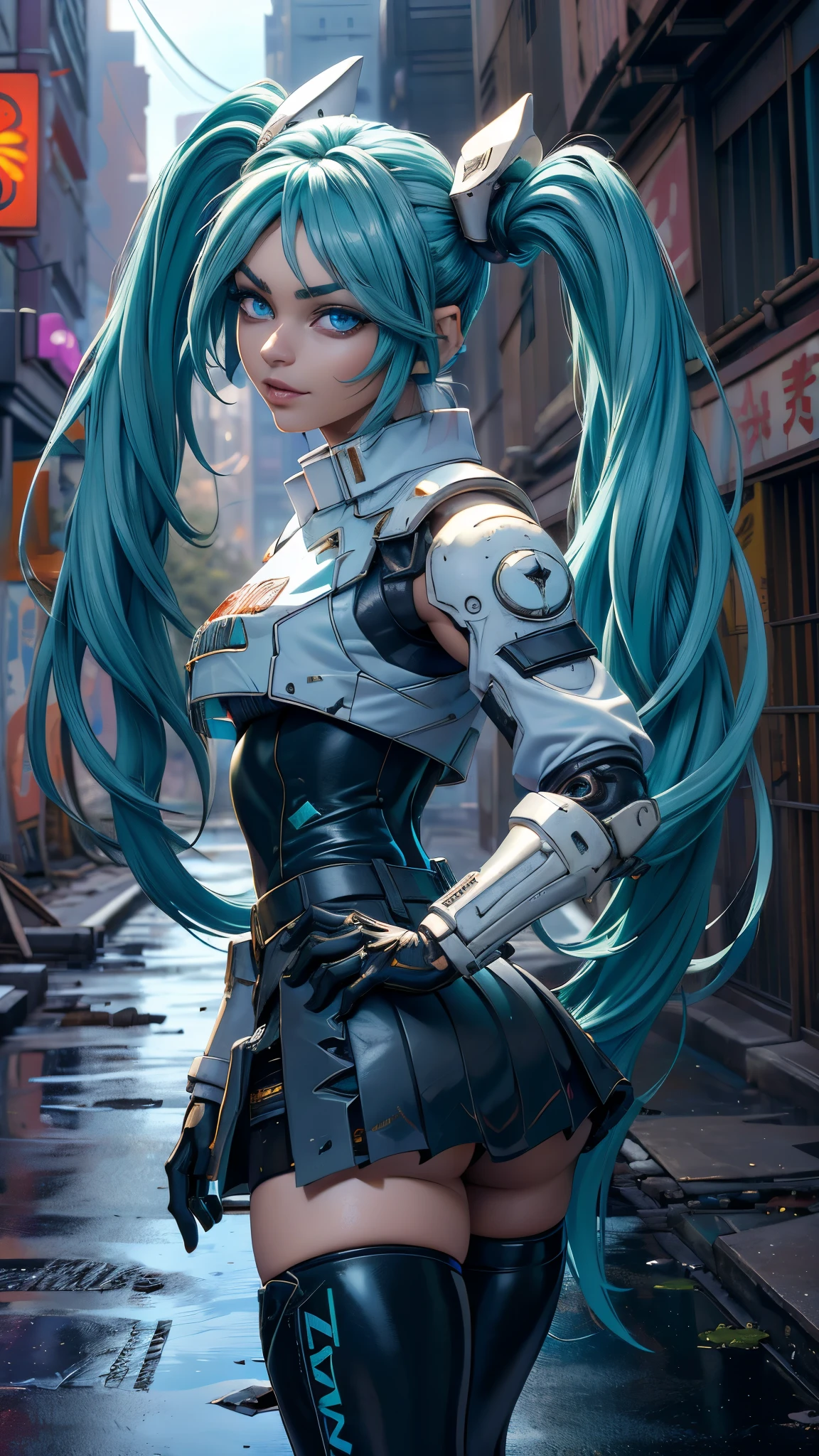 (La mejor calidad,A high resolution,Ultra - detallado,actual), Miku Hatsune, ,(Ruined alley Tokyo cyberpunk dungeon ruins background :1.4 ), pechos grandes, dynamic pose , (pelo verde colas gemelas) ,(miniskirt white corta:1.4), cabello muy largo) , Put your arms behind your back, blue eyes, ojos brillantes, cara relajada, pelo de las cejas, cabello brillante,,(Fondo de ruinas de mazmorra en ruinas:1.4 ), piel brillante, una ligera sonrisa, Racing Miku, cuerpo negro, chaqueta corta, chaqueta blanca, manga larga, guantes de dos tonos, botas altas de muslo,,(Fondo de ruinas de mazmorra en ruinas nublado lluvia :1.4 ),(Obra maestra: 1.4), (8k, realista, foto cruda, La mejor calidad: 1.4),(Miku Hatsune:1.4), (Miku-hatsune V2.1), (Detalles de la cara: 1.5, (ojos azules hermosos :1.4) , hermoso rostro, ojos bonitos, Iris lining, labios delgados: 1.5, delgado, pale and sharp eyebrows, Largo, dark eyelashes, double eyelashes),manos perfectas: 1.5, (Kinematic V2.1),( dynamic pose), (perfect anatomy), (face detailed :1.4), (no mutaciones) 