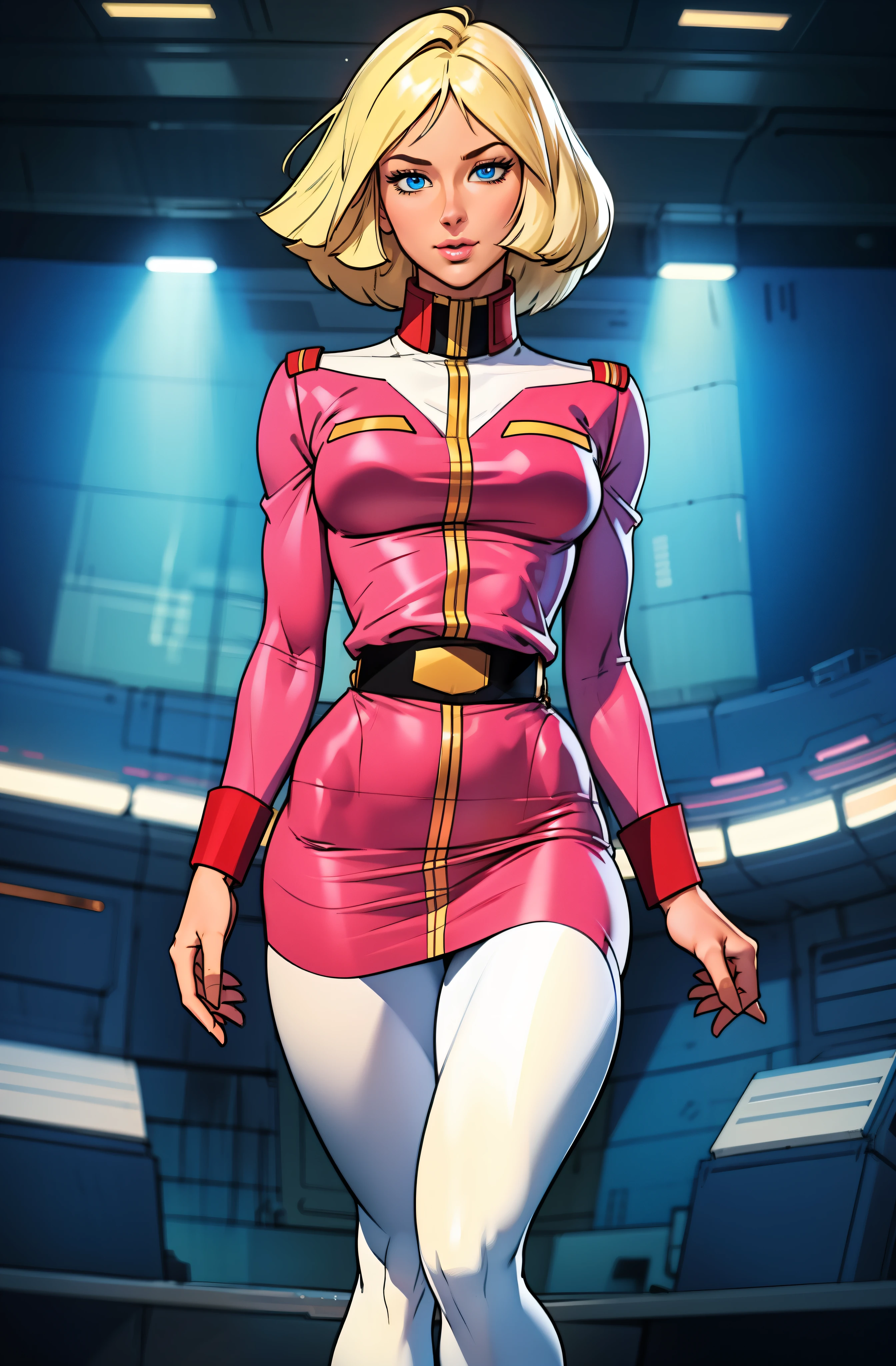 ((masterpiece)), ((cinematic lighting)), realistic photo、Real Images、Top image quality、1girl in, sayla mass, Elegant, masterpiece, Convoluted, slim arms, wide hips, thick thighs, thigh gaps, Best Quality, absurderes, high face detail, Perfect eyes, mature, Cowboy Shot, , Vibrant colors, faded pink uniform, faded pink Skirt, white tights