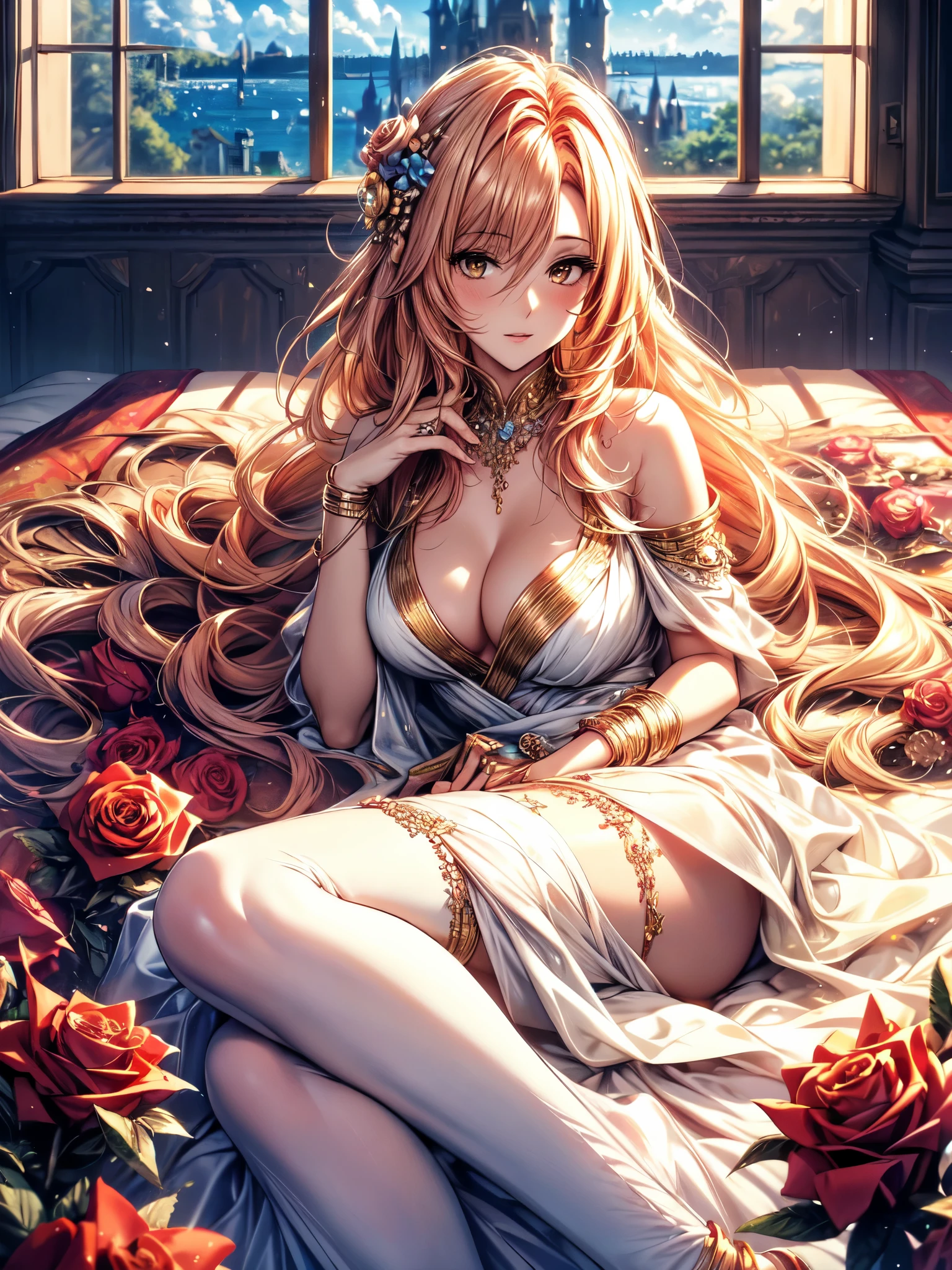 8k, (masterpiece, absurd quality, best quality, official art, beautiful and aesthetic:1.2), professional, vivid color, soft lighting, Octane Render, beautiful really long golden pink haired woman, curtain fringe, yellow eyes, lying on a flower bed, ((lying down)), looking at the sky, best quality, beautiful flowy opaque white dress, goddess, feminine pose, full background, ((silk)), (flowers, roses), indepth background, faroff view, gold, glow, iridescent dress, jewels, window, blue sky, cloud, castle, full body