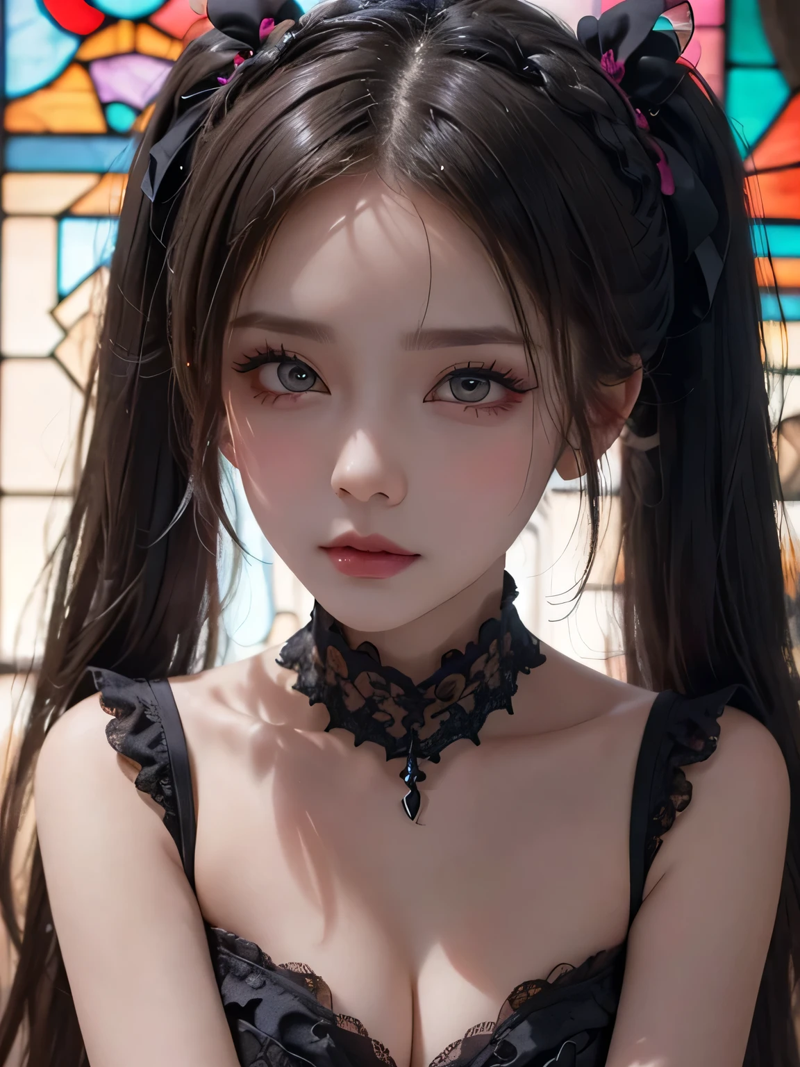 {{{16k}}},{{{masterpiece}}}, {{{best quality}}}, {{{ultra detailed}}},{{{an extremely delicate and beautiful}}},Hard Dark Gothic Makeup,Black dark eyeshadow,Expression of intense sexual pleasure,Embarrassed look,Gothic ta Clothing,Cute Gothic Loliress,The dress has pink embroidery.,Thigh-high socks,Knee High Sock,Beautiful Face,elegant features,Attractive face,Stained glass background,jirai kei, black mask, Showcasing cleavage,Emphasize the cleavage,((large breasts:1.2)), Skinny,beautiful girl,Twin tails,Straight bangs,Pink Ribbon,Shallow depth of field,((Face close-up:1.2)),Heavy rain,