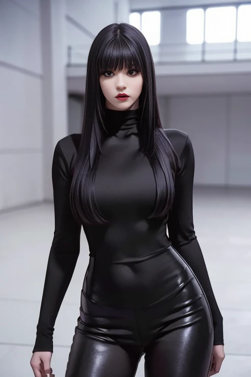 hyper realistic, 16k, best quality, masterpiece, (photorealistic:1.4), 1girl (alone), solo. Pretty young. Gothic aesthetic, goth makeup, black silky hair (realistic texture), hair fringe,  realistic eyes, pele-white skin, illuminated skin, realistic shading, (modern) black gothic dress (realistic textures), big hips, tights. waist up, dramatic lighting, from below, front, front view, multiple different poses at different angles, glowing skin, front, back lighting, athletic figure, muscular female, curvy, wide hips, colorful, looking at viewer, Hyperrealistic, gradient background, dark background, outline, cinematic lighting, (chromatic aberration, intricate details)