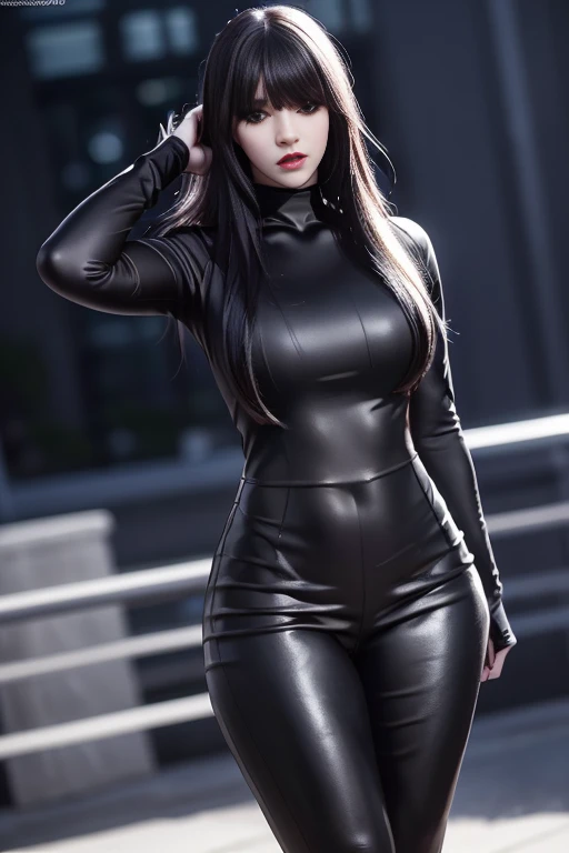 hyper realistic, 16k, best quality, masterpiece, (photorealistic:1.4), 1girl (alone), solo. Pretty young. Gothic aesthetic, goth makeup, black silky hair (realistic texture), hair fringe,  realistic eyes, pele-white skin, illuminated skin, realistic shading, (modern) black gothic dress (realistic textures), big hips, tights. waist up, dramatic lighting, from below, front, front view, multiple different poses at different angles, glowing skin, front, back lighting, athletic figure, muscular female, curvy, wide hips, colorful, looking at viewer, Hyperrealistic, gradient background, dark background, outline, cinematic lighting, (chromatic aberration, intricate details)