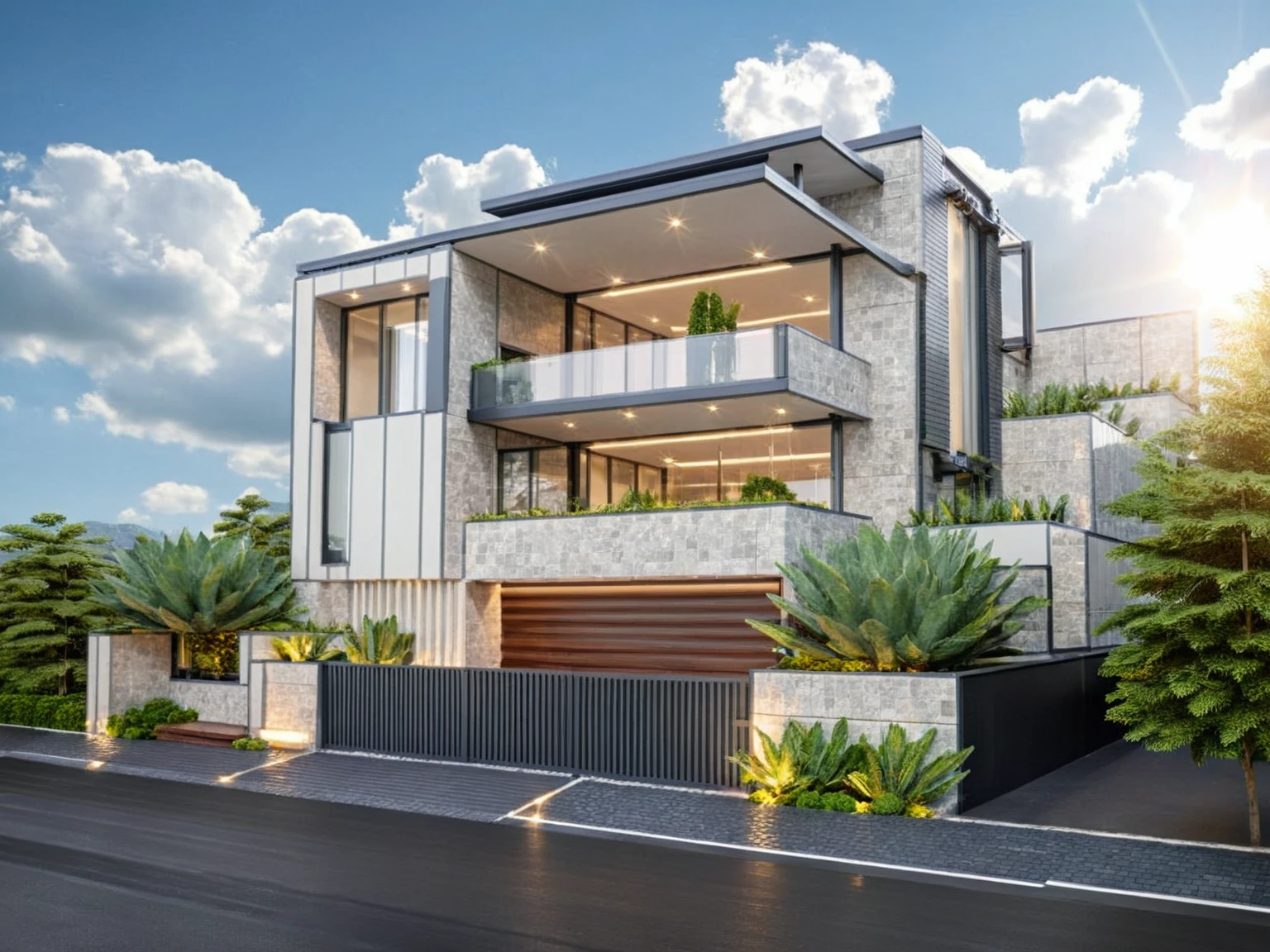 Architectural style Architectural style,  ((Classic Style House)),(masterpiece) , ((best quality)), dramatic lighting, high quality outdoors, sky, day, cloud, tree, blue sky, building, scenery, road, real world location,  sunlight, enough detail, high resolution,super realistic, Photorealistic, highly detailed, balcony, plants, door, car, truck, parking slot, paving, . Clean lines, architectural drawing, highly detailed  , . Clean lines, geometric shapes, minimalist, modern, architectural drawing, highly detailed