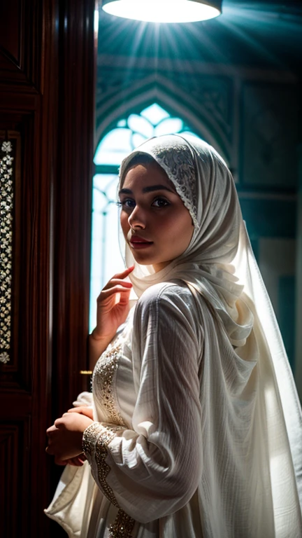 (best quality, 4k, 8k, highres, masterpiece: 1.2): A breathtakingly beautiful Muslim woman in a grand palace, wearing an elegant royal gown. Her face is fully veiled except for her stunning features, which are softly lit by a golden light streaming through ornate windows. She exudes wisdom and grace, her angelic beauty enhanced by the intricate details of her surroundings. (Muslim woman, fully veiled, angelic face, grand palace, soft golden light, royal gown, intricate details).