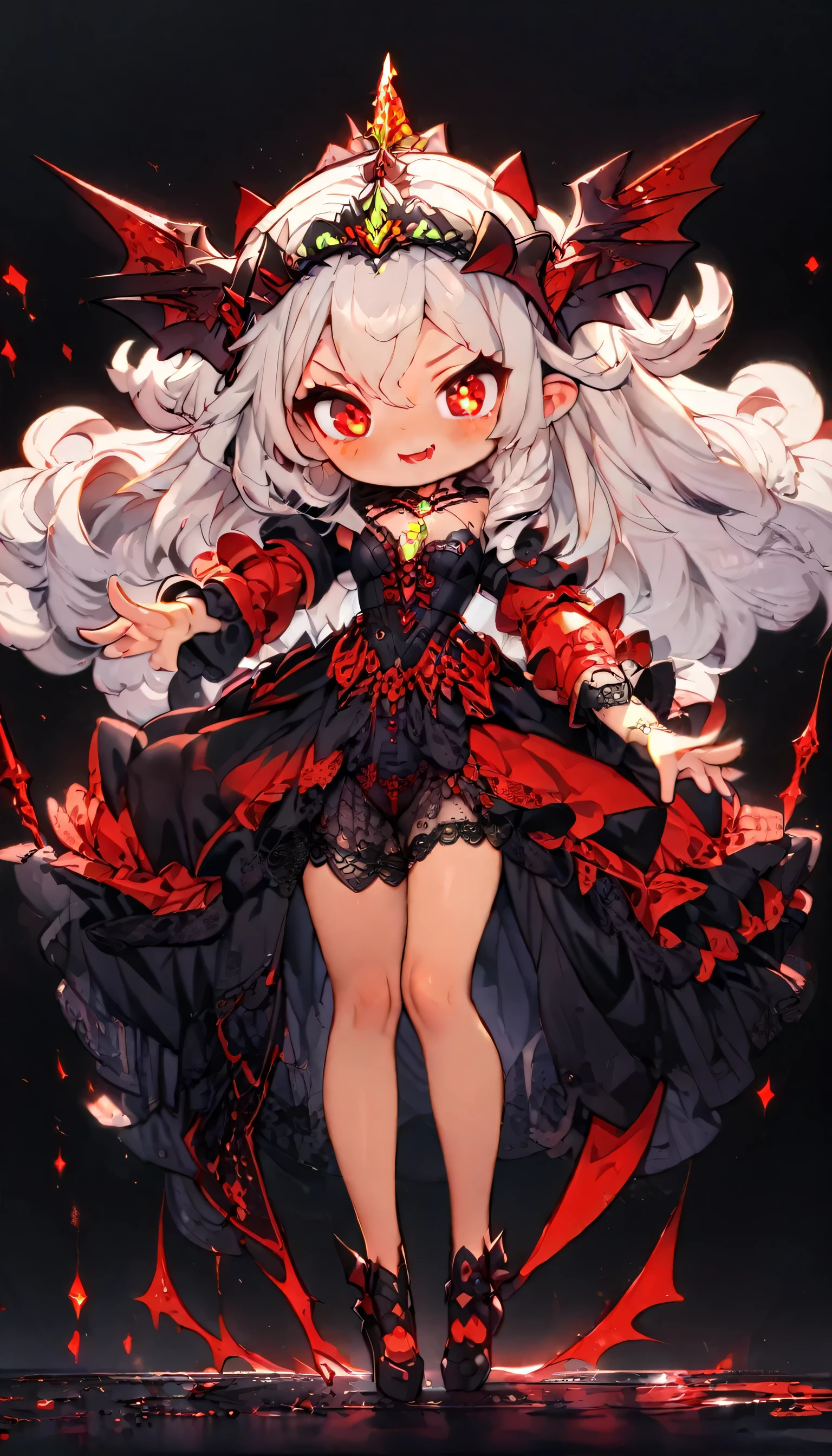 masterpiece, best quality, extremely detailed, high resolution, Japanese anime,1girl, Silver hair, (medium length hair:1.4), side braid hair, curly hair, wavy hair, drill hair, curl outward hair, mechanical horn, mechanical devil wing, fang, succubus,(vampire:1.2), (red eyes:1.5), (beautiful detailed eyes:1.4), laugh, 130cm tall, original character, fantasy, (black background:1.2), (full body:1.8), beautiful fingers, standing, (black red lace frill dress:1.5), (bejeweled tiara:1.5) , shoot from front, looking at viewer