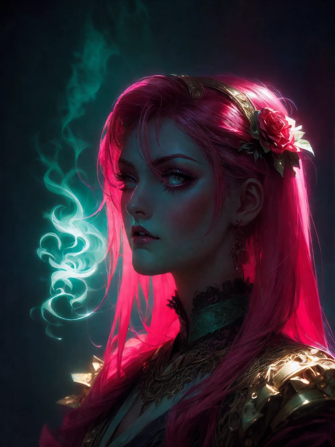 HighestQuali,tmasterpiece:1.2,Detailed details,4k realistic Roman mythology, Kizi, Halloween dress up,Steampunk Gothic Victorian style, deep colour, psychology, surrealism, Sublimation, subconscious, Emotions, enthusiasm, In pink、White and red details, rose flower background,Green smoke from hair, Blue smoke background, Soft red and blue light, portrait