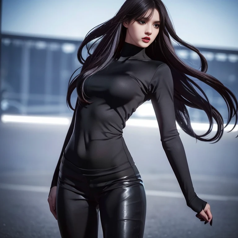 hyper realistic, 16k, best quality, masterpiece, (photorealistic:1.4), 1girl (alone), solo. Pretty young. Gothic aesthetic, goth makeup, black silky hair (realistic texture), hair fringe,  realistic eyes, pele-white skin, illuminated skin, realistic shading, (modern) black gothic dress (realistic textures), big hips, tights. waist up, dramatic lighting, from below, front, front view, multiple different poses at different angles, glowing skin, front, back lighting, athletic figure, muscular female, curvy, wide hips, colorful, looking at viewer, Hyperrealistic, gradient background, dark background, outline, cinematic lighting, (chromatic aberration, intricate details)