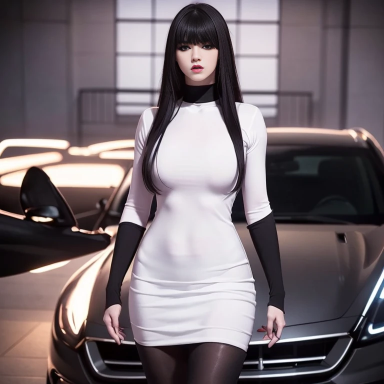 hyper realistic, 16k, best quality, masterpiece, (photorealistic:1.4), 1girl (alone), solo. Pretty young. Gothic aesthetic, goth makeup, black silky hair (realistic texture), hair fringe,  realistic eyes, pele-white skin, illuminated skin, realistic shading, (modern) black gothic dress (realistic textures), big hips, tights. waist up, dramatic lighting, from below, front, front view, multiple different poses at different angles, glowing skin, front, back lighting, athletic figure, muscular female, curvy, wide hips, colorful, looking at viewer, Hyperrealistic, gradient background, dark background, outline, cinematic lighting, (chromatic aberration, intricate details)