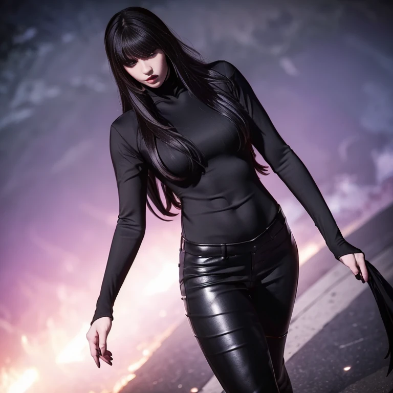 hyper realistic, 16k, best quality, masterpiece, (photorealistic:1.4), 1girl (alone), solo. Pretty young. Gothic aesthetic, goth makeup, black silky hair (realistic texture), hair fringe,  realistic eyes, pele-white skin, illuminated skin, realistic shading, (modern) black gothic dress (realistic textures), big hips, tights. waist up, dramatic lighting, from below, front, front view, multiple different poses at different angles, glowing skin, front, back lighting, athletic figure, muscular female, curvy, wide hips, colorful, looking at viewer, Hyperrealistic, gradient background, dark background, outline, cinematic lighting, (chromatic aberration, intricate details)