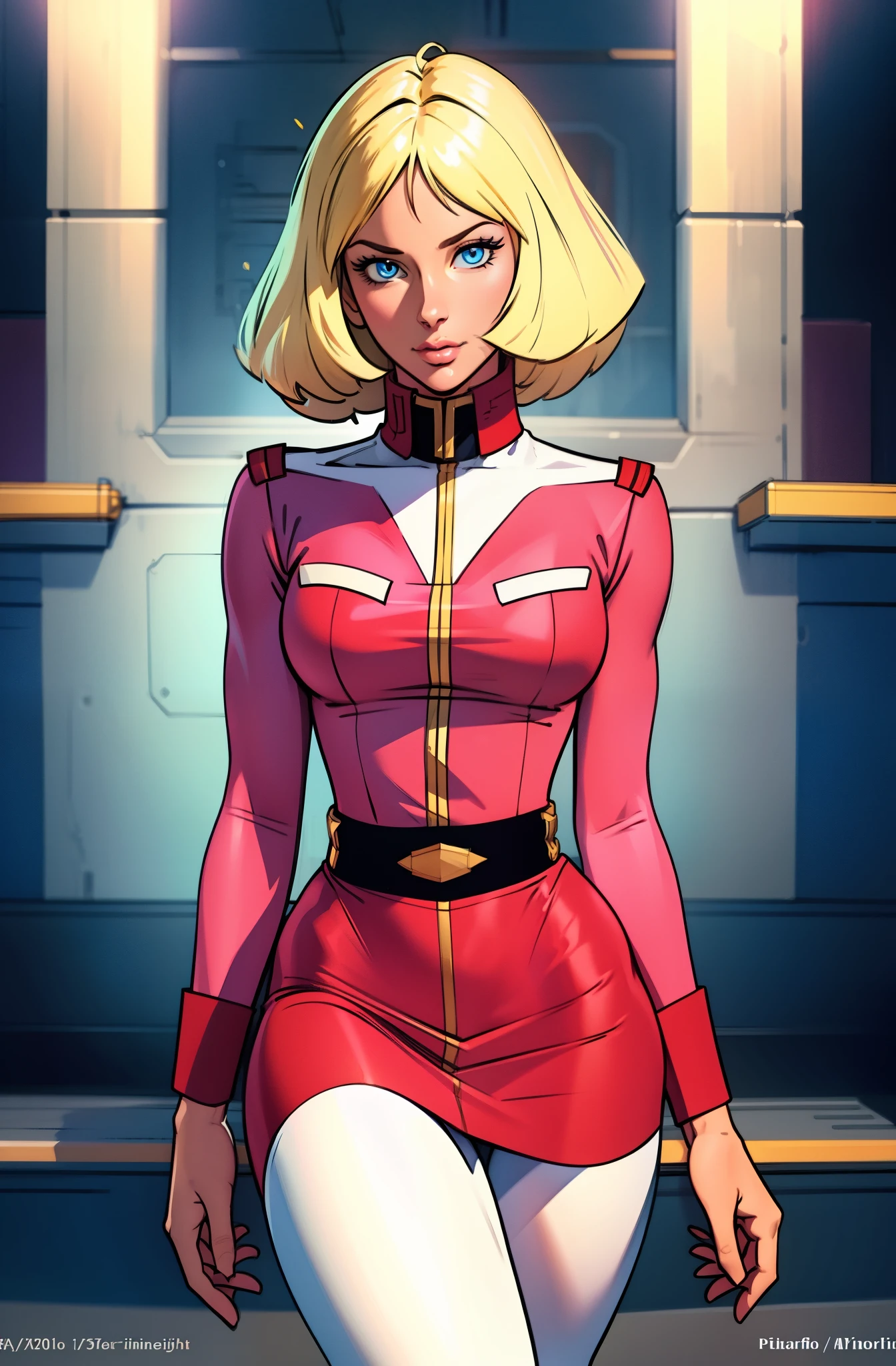 ((masterpiece)), ((cinematic lighting)), realistic photo、Real Images、Top image quality、1girl in, sayla mass, Elegant, masterpiece, Convoluted, slim arms, wide hips, thick thighs, thigh gaps, Best Quality, absurderes, high face detail, Perfect eyes, mature, Cowboy Shot, , Vibrant colors, faint pink uniform, faint pink Skirt, white tights