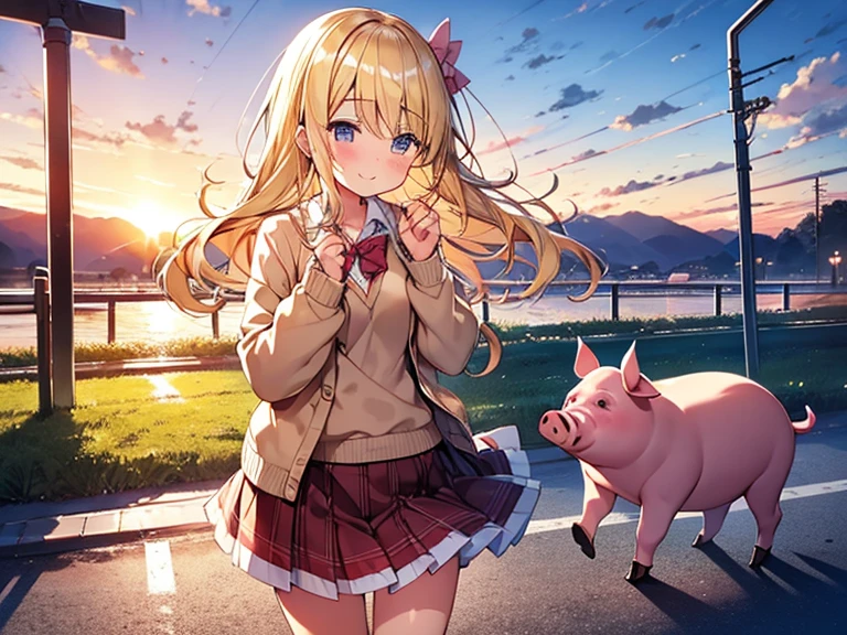 Top quality, 1 beautiful girl, , Blonde, (pig tail), Medium Hair, Wavy Hair, Hair blowing in the wind, standard weight, happy, blush, Cardigan, frill skirt, sunset, (station platform), beautiful scene, cowboy shot