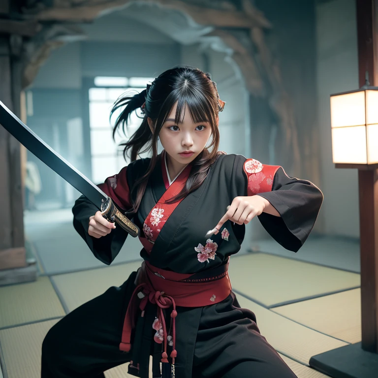 With a burning castle in the background、(A girl holding a Japanese sword in a middle stance:1.6)、(Accurate depiction of Japanese swords:1.7)、 (highest quality、Super detailed、Real、HDR)、Traditional Japanese Samurai Costume、Detailed wavy black hair、Focused and sharp eyes、A fierce and determined look、Intricate patterns and designs on samurai armor、A polished steel blade engraved with Chinese characters 、Intense flames engulfing the castle、Thick, swirling black smoke、Floating glowing embers、A dark and eerie samurai ghost that creates an eerie atmosphere、Dramatic lighting with shadows and highlights、Vibrant colors inspired by traditional Japanese art、Dynamic composition。 The girl is in the center、It shows her strength and power