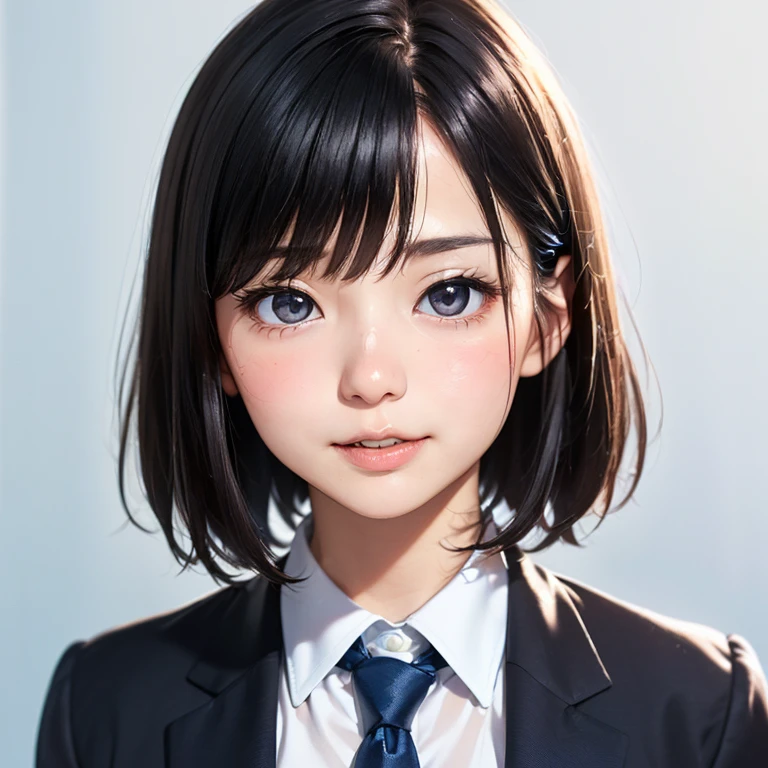 (kawaii 24 year-old Japanese girl, Nogizaka idol, Korean idol), (glossy hair, very short hair, bangs:1.3), (beautiful black eyes, rounded face, single eyelid, no makeup, naughty AND noseblush, almost closed eyes, half opened mouth:1.3), (wearing suit jacket, collared shirt, necktie:1.3), (extra small breasts:0.9), (looking at camera:1.3), BREAK, (simple blue background:1.3), (view from forward, bust shot:1.3), BREAK, (masterpiece, best quality, photo realistic, official art:1.4), (UHD, 8K quality wallpaper, high resolution, raw photo, golden ratio:1.3), (shiny skin), professional lighting, physically based rendering, award winning, (highly detailed skin, extremely detailed face and eyes), Carl Zeiss 85 mm F/1.4, depth of field, 1girl, solo,