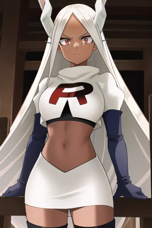 ((best quality)), ((highly detailed)), masterpiece, (detailed eyes, deep eyes), (1girl), (cowboy shot), mirkomha, boku no hero academia, white hair, very long hair, (red eyes), ((dark skin:1.3)), muscular female, rabbit ears, large breasts, team rocket,team rocket uniform,white skirt,red letter R,crop top,black thigh-highs,black elbow gloves