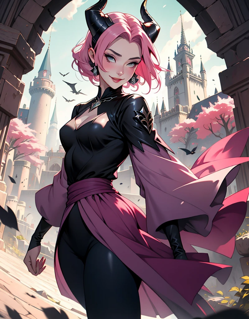 1 mulher, dressed up as maleficent, strong emotions, sakura, cabelo curto, (cabelo rosa!!) , luz, foco, como malevola, corpo inteiro, horns on head, solo, magia ao seu redor, she is in front of a castle,(leggings and black blouse), from head to toe ((corpo inteiro!!!), maligna, rosto perverso, sorriso maligno