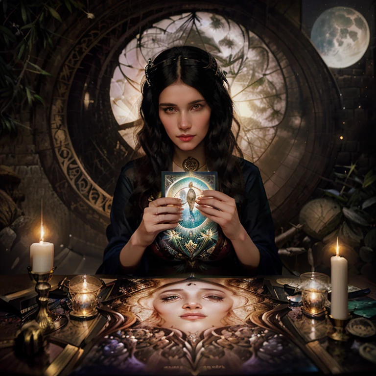 Imagen arafed de una mujer leyendo un libro frente a la luna llena., lanzamiento de hechizos, artistic style tom bagshaw, arte tom bagshaw, magia, Art style of Tom Bagshaw, tarot art, Por Tom Bagshaw, Por Tom Bagshaw, tom bagshaw ) ) ), lanzamiento de hechizos wizard, estilo tom bagshaw, estilo de tom bagshaw