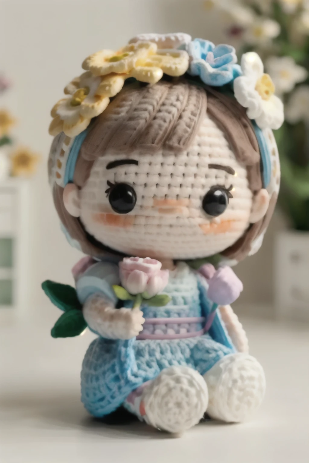 blindbox,1girl,solo,sitting,flower,blurry background,blush stickers,holding flower,