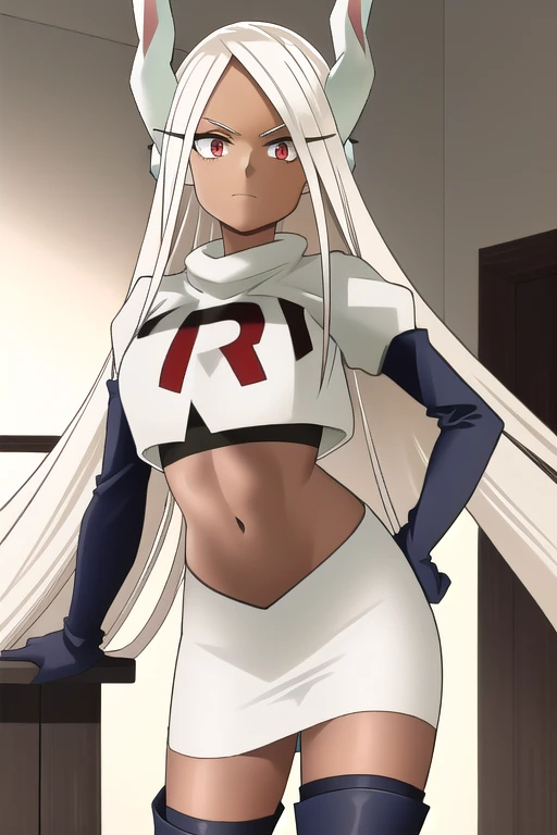 ((best quality)), ((highly detailed)), masterpiece, (detailed eyes, deep eyes), (1girl), (cowboy shot), mirkomha, boku no hero academia, white hair, very long hair, (red eyes), ((dark skin:1.3)), muscular female, rabbit ears, large breasts, team rocket,team rocket uniform,white skirt,red letter R,crop top,black thigh-highs,black elbow gloves