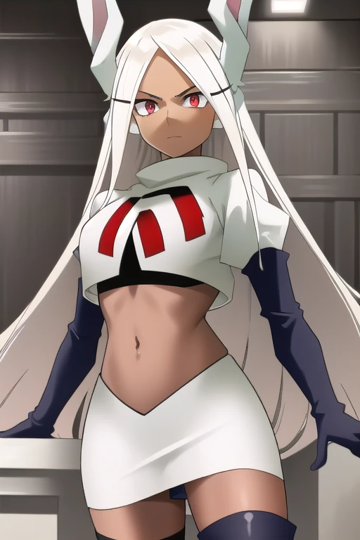 ((best quality)), ((highly detailed)), masterpiece, (detailed eyes, deep eyes), (1girl), (cowboy shot), mirkomha, boku no hero academia, white hair, very long hair, (red eyes), ((dark skin:1.3)), muscular female, rabbit ears, large breasts, team rocket,team rocket uniform,white skirt,red letter R,crop top,black thigh-highs,black elbow gloves