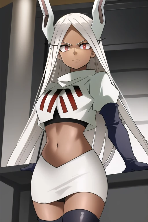 ((best quality)), ((highly detailed)), masterpiece, (detailed eyes, deep eyes), (1girl), (cowboy shot), mirkomha, boku no hero academia, white hair, very long hair, (red eyes), ((dark skin:1.3)), muscular female, rabbit ears, large breasts, team rocket,team rocket uniform,white skirt,red letter R,crop top,black thigh-highs,black elbow gloves